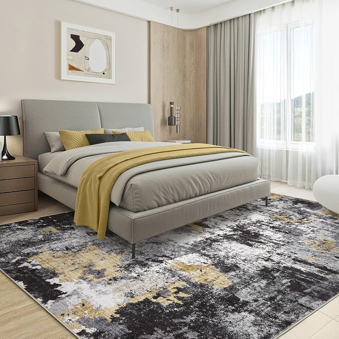 Abstract 8x11 Area Rug: Machine Washable Non Slip Ultra Thin Low-Pile Carpet, Soft Stain Resistant for Living Dining Room Bedroom, Kid Pet Friendly, Robot Vacuum Compatible - Black Gold