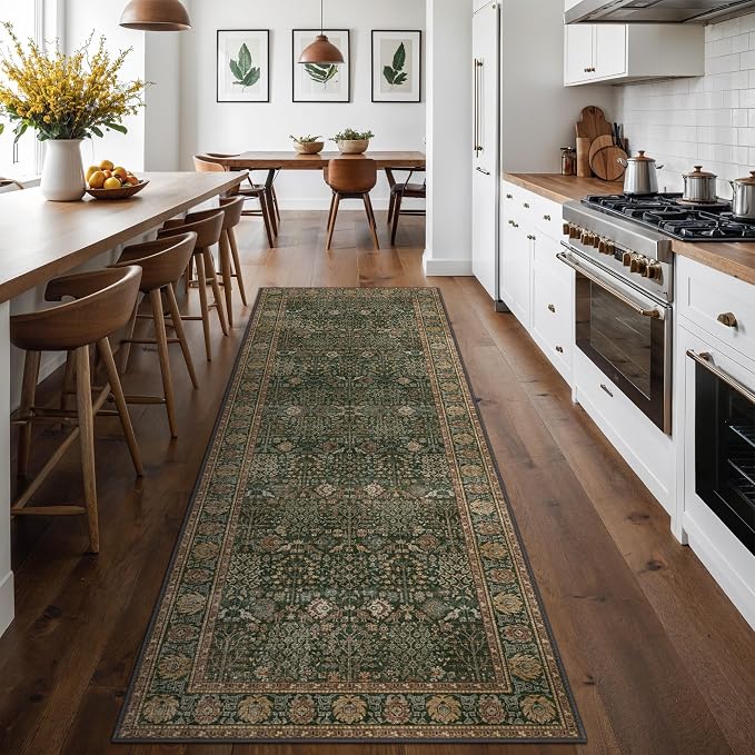 Bavni Washable Rug Runners for Hallways-Vintage Runner Rug 2x8 Low Pile Floral Rugs, Non-Slip Indoor Throw Carpet for Living Room Bedroom Kitchen, Dark Green/Multi