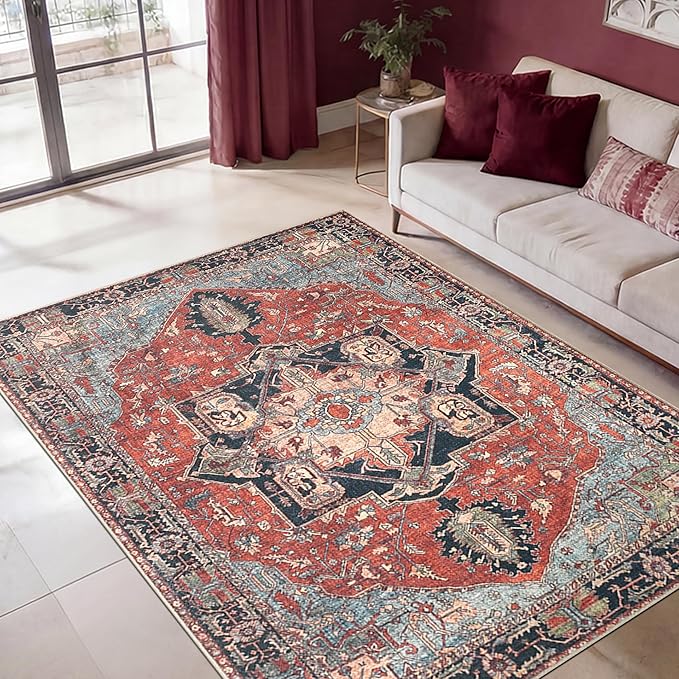 Keen Home Design 5x7 Rug - Machine Washable Area Rug with Non-Slip Backing, Ideal for Living Room, Dining Room, Bedroom - Vintage, Easy Clean, Durable, Low Pile Rug - (5' x 7')