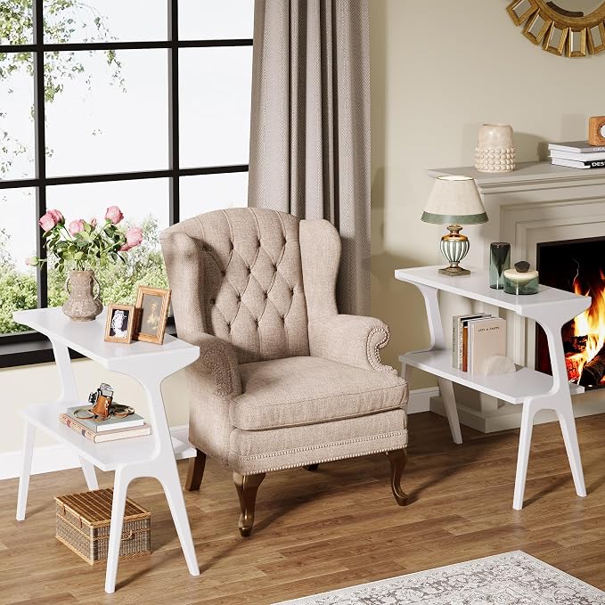 Tribesigns Set of 2 Solid Wood End Table, 2-Tier Modern White End Table with Storage Shelves, Tall Slim Side Table for Couch with Unique Legs, Long Bedside Table for Bedroom, Living Room