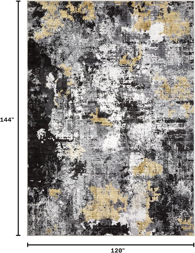 Abstract 10x12 Area Rug: Machine Washable Non Slip Ultra Thin Low-Pile Carpet, Soft Stain Resistant for Living Dining Room Bedroom, Kid Pet Friendly, Robot Vacuum Compatible - Black Gold