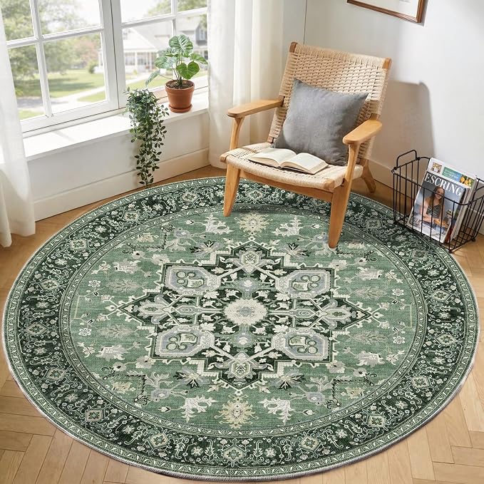 OPPODREAM Soft Round Rug 6ft, Play Room Rug, Washable Circle Rug 6ft with Non Slip Backing, Small Low-Pile Area Rugs 6 ft, Faux Cashmere Throw Carpet, Dark Green