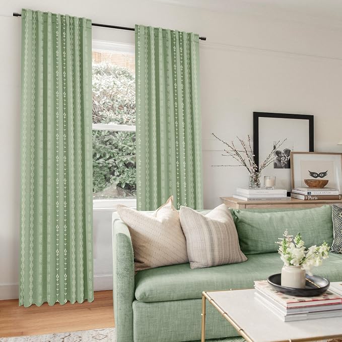 Sage Green Boho Curtains Semi Blackout, Floor to Ceiling Cottage Core Style Botanical Vine Print Patterned Drapes for Bedroom Living Room 96 Inch Long 2 Panel Set