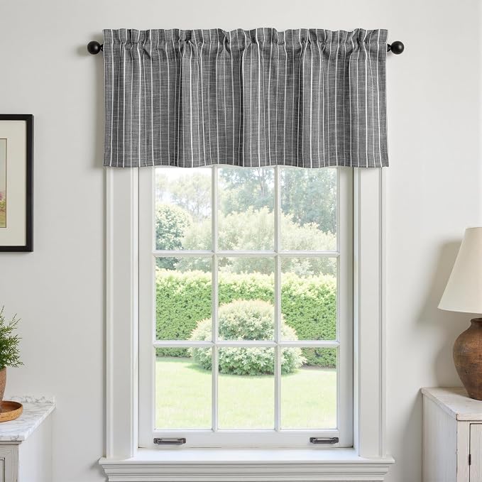 DriftAway Stripe Blackout Linen Curtain Valance Double Layer Farmhouse Country Rustic Hygge Stripe Yarn Dyed Woven Thermal Insulated Rod Pocket Valance W52 x L18 Black