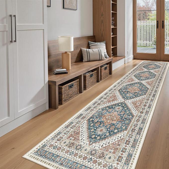 Madane Washable Runner Rugs 2x10 Long for Hallway Kitchen, Navy Blue | Non-Slip Low-Pile 10ft Rug Runners Soft, Stain-Resistant Floor Carpet Mat for Entrance, Living Dining Laundry Room, Stair