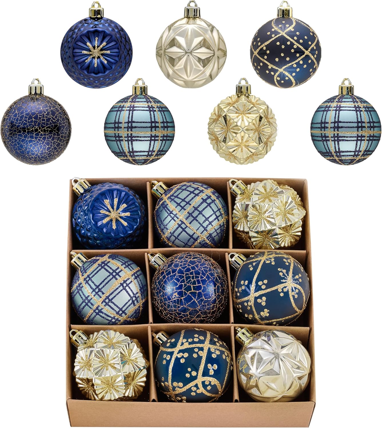 Valery Madelyn Ornaments for Christmas Trees, 9ct 2.36 Inches Blue and Gold Shatterproof Christmas Tree Decorations, Luxury Hanging Ball Ornaments for Xmas Holiday Party Decor