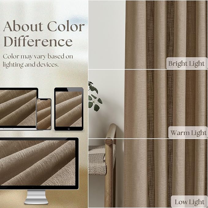 Brown 80 Inch Pinch Pleated Linen Curtains 2 Panels Set for Living Room Bedroom Boho Farmhouse Light Filtering Semi Sheer Back Tab Pinch Pleat Hooks Rings Window Curtain 80 Inches Long Dutch Cocoa