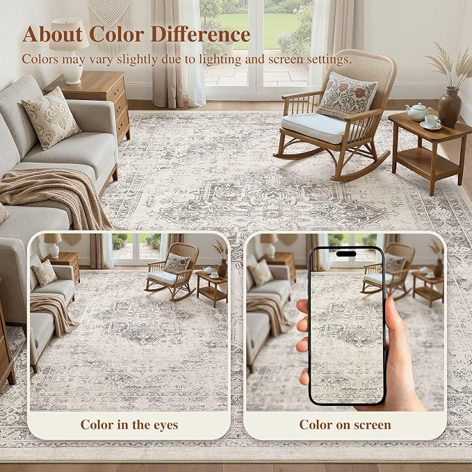 UERMEI 6x9 Area Rug Living Room Rugs - Washable Vintage Soft Large Rug Indoor Floor No Slip Rug Carpet for Bedroom Farmhouse Under Dining Table Home Office Decor - Beige/Camel