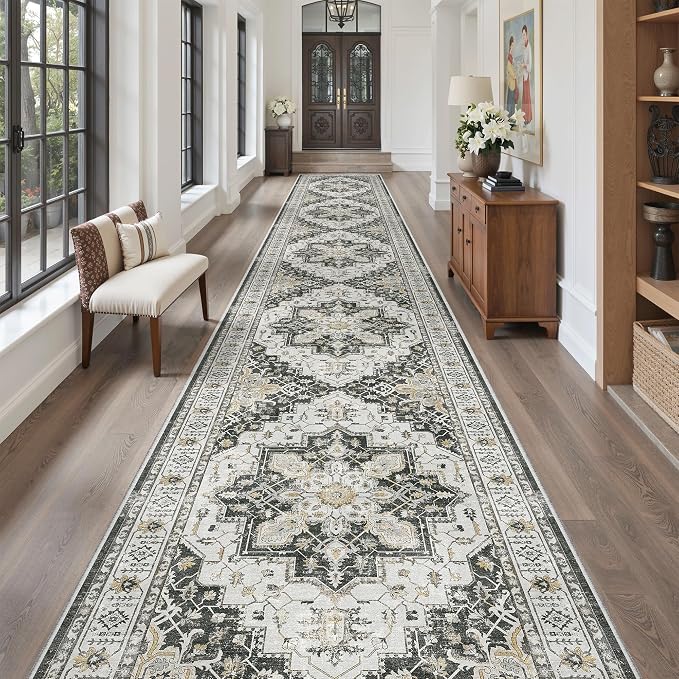 Madane Hallway Runner Rug 3x20 Washable Kitchen Runners 20ft, Black | Vintage Non Slip Extra Long Area Rugs , Low-Pile Farmhouse Wide Floor Carpet for Corridor Entryway Bathroom Bedroom