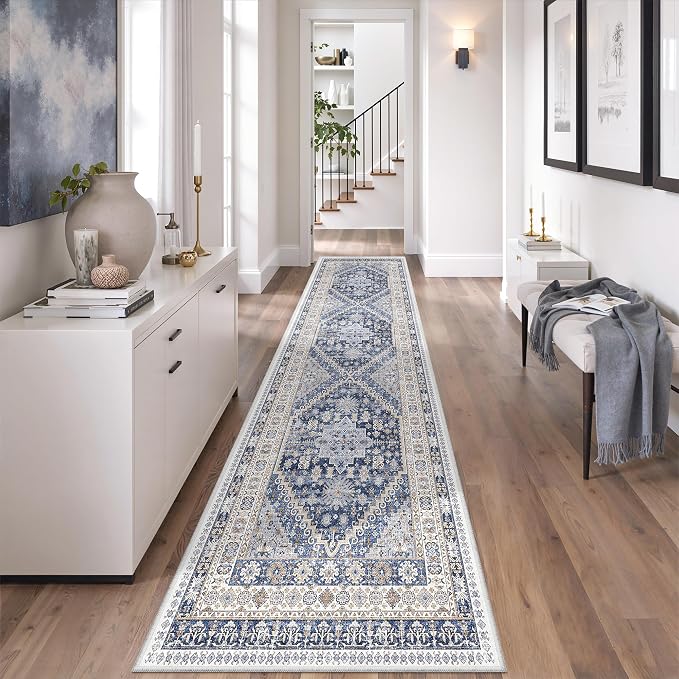 zesthome 2x7 Runner Rug Non Slip, Thin Entryway Washable Rug for Entryway, Runners for Hallways, Low Pile Vintage Abstract Soft Rugs for Living Room, Kitchen, Bedroom(Blue/Beige,2'x7')