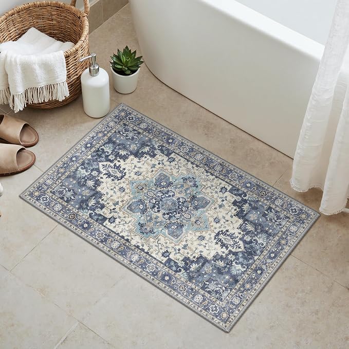 GENIMO Area Rug 2x3 Doormat, Machine Washable Low Pile Rugs, Small Retro Entryway Mat for Entrance, Hallway, Kitchen and Corridor, Center Blue