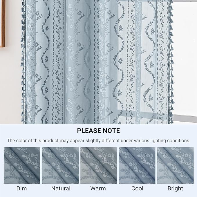 WAZZIO Boho Lace Curtains 2 Panels 63 Inch -Victorian Sheer Panel Drape French Country Floral Pattern & Tassel Light Filtering Privacy for Bedroom Dining Living Room,Coastal Decor,Dusty Blue,W52x L63