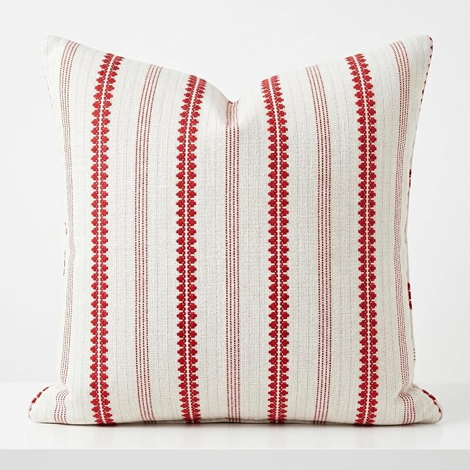 SanVia Cotton Throw Pillow Covers 20x20 – Handwoven Jacquard Texture, Fade-Resistant, No Pilling – Hidden Zipper, Decorative Cushion Cover for Sofa, Couch, Bed – Insert Not Included (Striped, White)