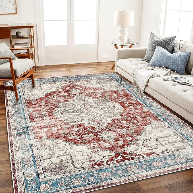 CHAMPLANT 3'x5' Vintage Red Blue Washable Thin Area Rug Traditional Floor Cover Foldable Indoor Distressed Non Slip Carpet Floral Print Mat Bedroom Living Room Bathroom