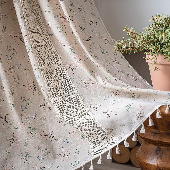 OYX Floral Boho Curtains 2 Panels Short 63 Inch Curtains Patterned Semi Sheer Living Room Drapes Farmhouse Bohemian Window Curtain Panels with Tassel Beige Rod Pocket Bedroom Drapes