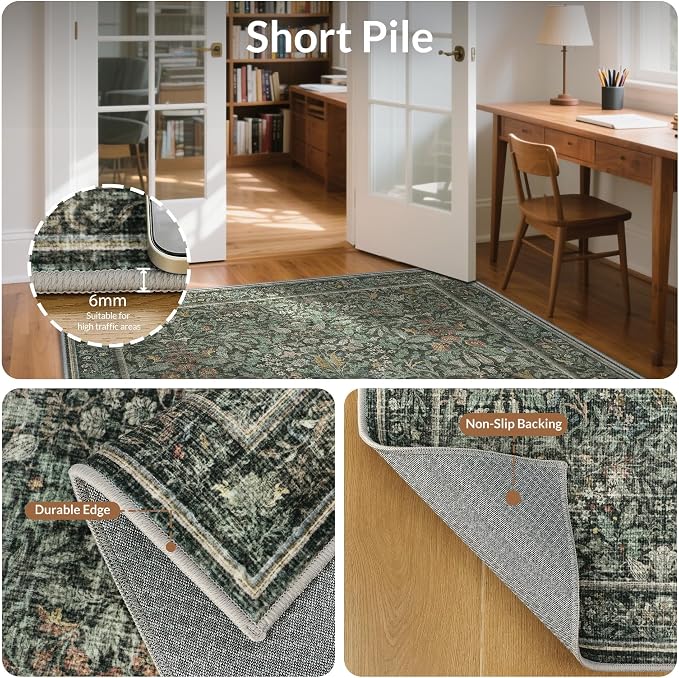GENIMO 2.5x8 Washable Hallway Runner Rug, Non Slip, Dusty Sage Green | Vintage Boho Floral Low Pile Thin Mat for Entryway, Kitchen, Bedroom, Indoor Decor