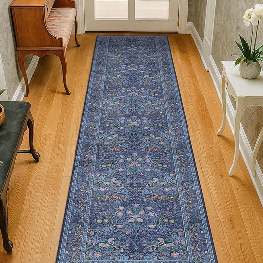 Dark Blue Washable 2x8 Runner Rugs Non Slip for Hallway, Bathroom, Kitchen, Entryway - 8ft Long Low Pile Carpet Runner, Floral Pattern Indoor Floor Mats Stain Resistant Home Décor