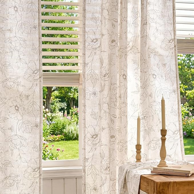 jinchan Linen Floral Curtains for Living Room 84 Inch Length Taupe Flower Curtain Rod Pocket Back Tab Farmhouse Curtains with Printed Floral Bedroom Window Curtain Set, 2 Panels Taupe