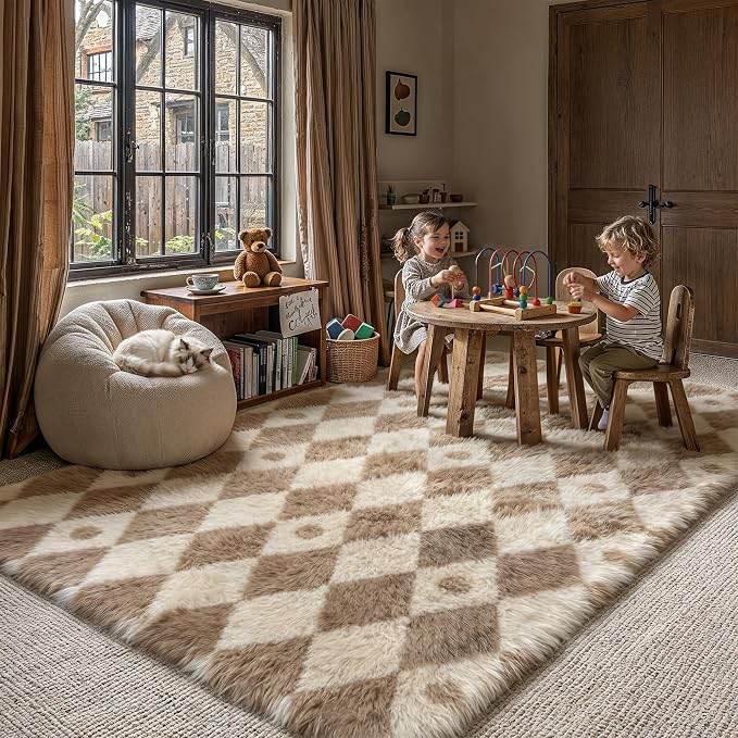 PureCozy Brown 5x8 Area Rug for Living Room Washable Non Slip Neutral Soft Bedroom Checkered Carpet Colorful Fluffy Modern Shag Fuzzy Indoor Large Aesthetic Bedroom Home Office Playroom Nursery
