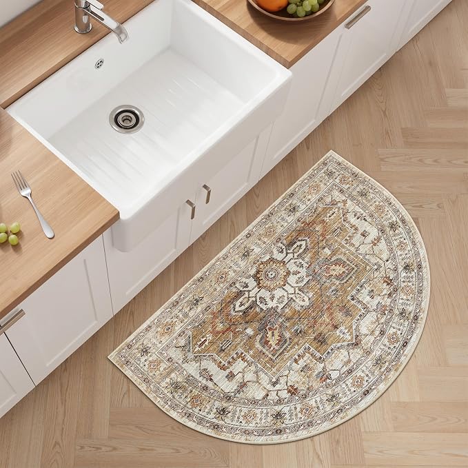 Madane Washable Half Circle Round Rug 2x3 Small Moon Rugs, Turmeric/Grey | Non-Slip Vintage Entryway Semi Area Rug 24"x36", Low Pile Door Mat Indoor Entrance for Bedroom Kitchen Entry Laundry Room