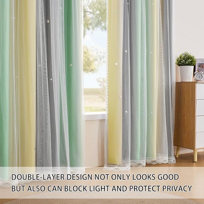 XiDi Yellow Curtains for Girls Bedroom Decor Short Blackout Curtains for Kids Room Rainbow Design for Girls Room Princess Unicorn Wall Decals Room Darkening Grey Green Yellow 34x63 Inches Long
