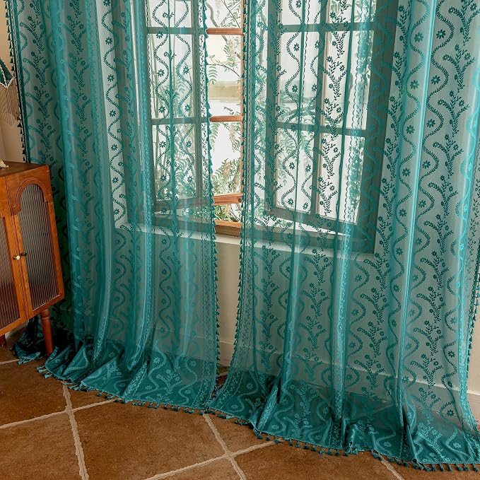 WAZZIO Boho Lace Curtains 2 Panels 96 Inch -Victorian Sheer Panel Drape French Country Floral Pattern & Tassel Light Filtering Privacy for Bedroom Dining Living Room,Coastal Decor,Teal,W52x L96