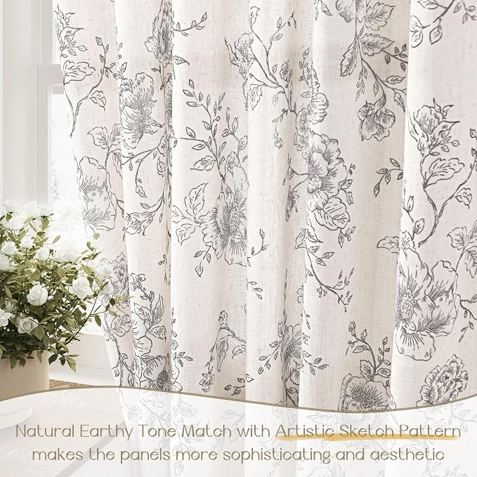 Floral Linen Curtains 63 inch length 2 panels for Dining Room Neutral Cream Black Pattern Printed Curtains Living Room Back Tab Semi Sheer Drapes Vintage Farmhouse French Country Curtain for Bedroom