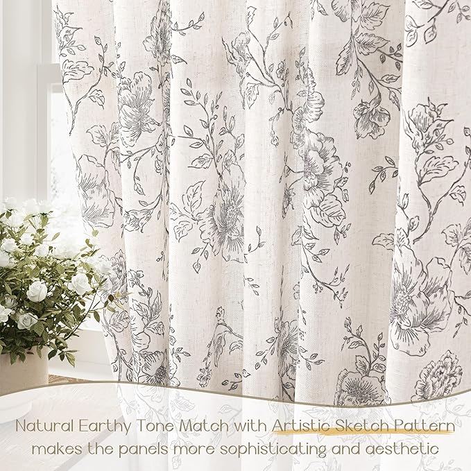 Vintage Floral Curtains 96 inches Long for Living Room Botanical Patterned Curtains Sketch Print Burlap Textured Farmhouse Country Style Room Decor Shabby Chic Linen Floral Drapes for bedroom 8 FT