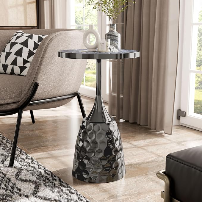 Homes: Inside + Out Halric Modern 24" Tall Round End Table with Printed Tabletop and Iron Metal Base, Accent Furniture, Pedestal Stand for Living Room, Home Office, Black with Geometric Floral