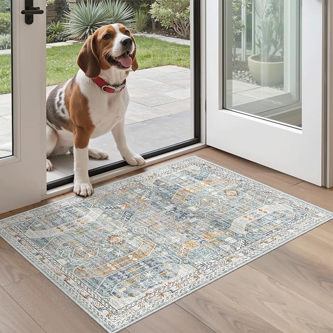 Madane Washable Area Rug 2x3 Small Entryway Rugs Non-Slip, Blue/Gold | Vintage Stain-Resistant Door Mat Indoor Entrance, Low Pile Floor Carpet for Inside Front Bedroom Kitchen Entry Laundry, Stair