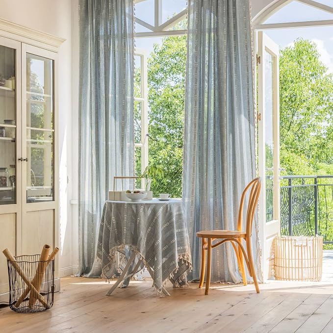 Boho Embroidery Striped Farmhouse Curtains - 96 Inch Long, 2 Panel Set, Blue Linen, Tassel, Semi-Blackout, Living Room (52" W x 96" L)