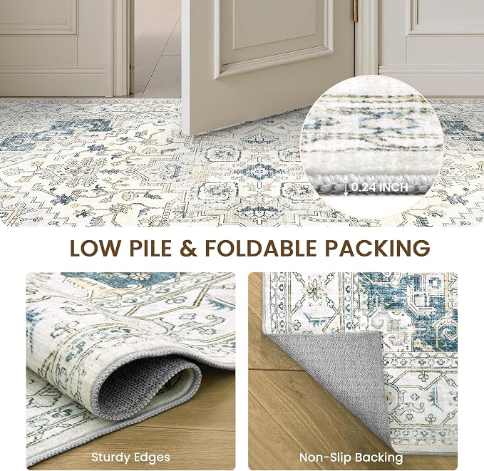 Living Room 10x14 Area Rugs, Washable Area Rug Stain Resistant Carpet Vintage Soft Rugs for Bedroom with Non Slip Backing Indoor Home Decor (10'x 14',BeigeBlue)