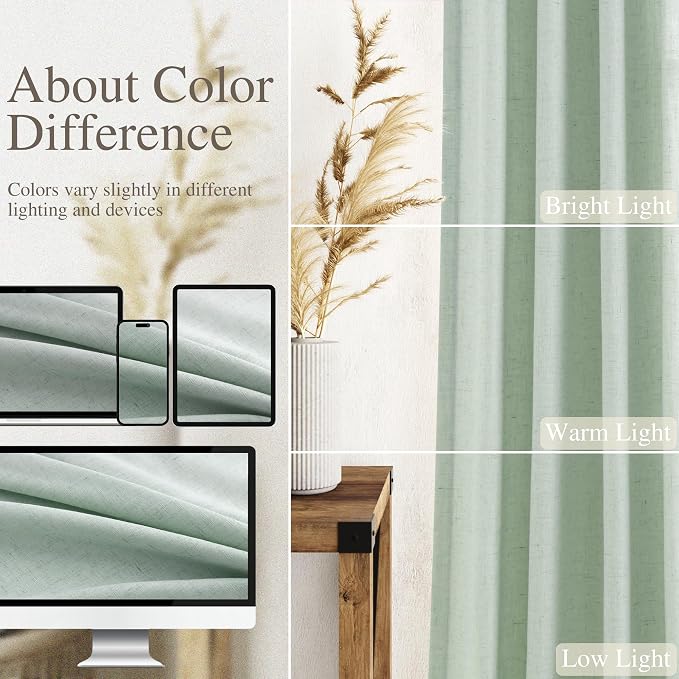 Aqua Green Linen Curtains 63 Inches Long 2 Panel Sets for Living Room Bedroom Rod Pocket Back Tab Light Filtering Drape for Kitchen Window Short Protect Privacy Curtain Modern Farmhouse Decor 52x63