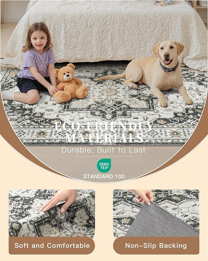 Madane Hallway Runner Rug 3x20 Washable Kitchen Runners 20ft, Black | Vintage Non Slip Extra Long Area Rugs , Low-Pile Farmhouse Wide Floor Carpet for Corridor Entryway Bathroom Bedroom