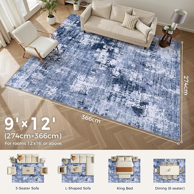 DMOYEST Area Rug Living Room Rugs - 9x12 Washable Large Soft Indoor Neutral Modern Abstract Low Pile Rug Carpet for Bedroom Dining Room Farmhouse Home Office - Navy Blue