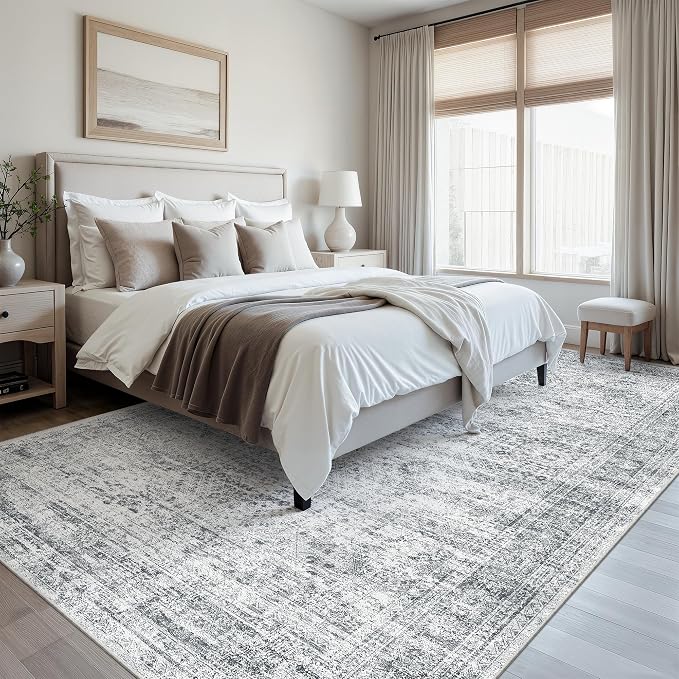 Soalmost 7x10 Area Rug for Living Room Washable Abstract Vintage Soft Thin Indoor Floor Non-Slip Carpet for Bedroom Dining Room Grey