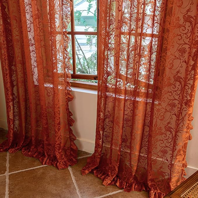 TUDECO Sheer Terracotta Curtains 96 Inches Long - Luxury Embroidered Floral Frilly Ruffle Curtains for Dining Room, Stunning Light Filtering Rod Pocket Thanksgiving Burnt Orange Decor, 59 x 96 Inch