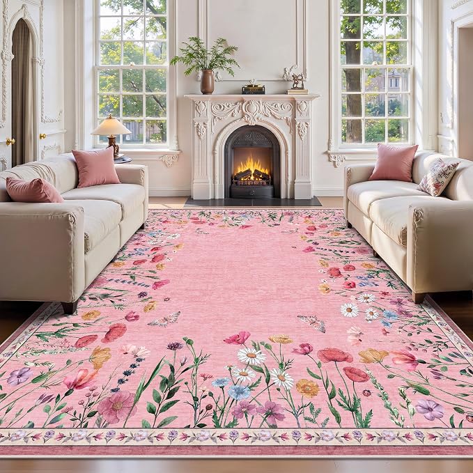 8x10 Area Rugs, Machine Washable Low Pile Floral Rugs for Living Room, Bedroom, Large Area Rug with Non-Slip Backing for Dining Room(Pink)