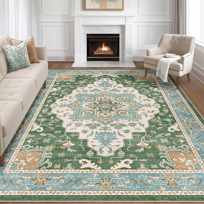 7x9 Area Rug Living Room: Washable Boho Large Neutral Vintage Soft Rug Stain Resistant Farmhouse Non-Slip Indoor Floor Retro Carpet for Bedroom Nursery Kids Office Dining Room- Green Multi