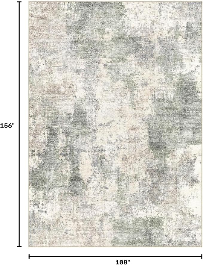 Tortania Washable 9x13 Area Rug for Living Room: Modern Abstract Neutral Large Soft Thin Rugs - Non Slip Indoor Carpet for Bedroom Dining Room Office Nursery Home Floor Decoration - Gray Green