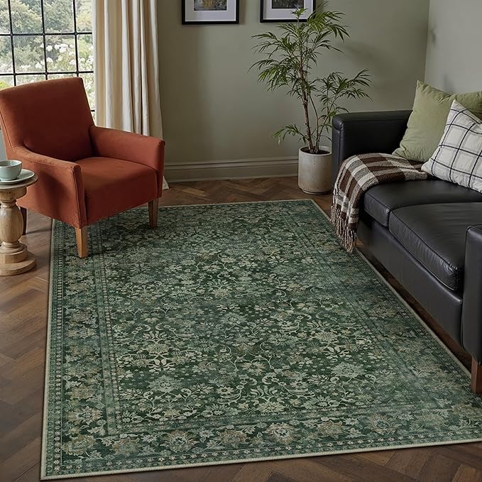 HUGEAR 5x7 Machine Washable Rugs Dark Green Hallway Area Rug Indoor Accent Rug Floral Low Pile Carpet Soft Throw Aesthetic Rug Bedroom Living Room Office Dining Room Kitchen Laundry Room Non Slip
