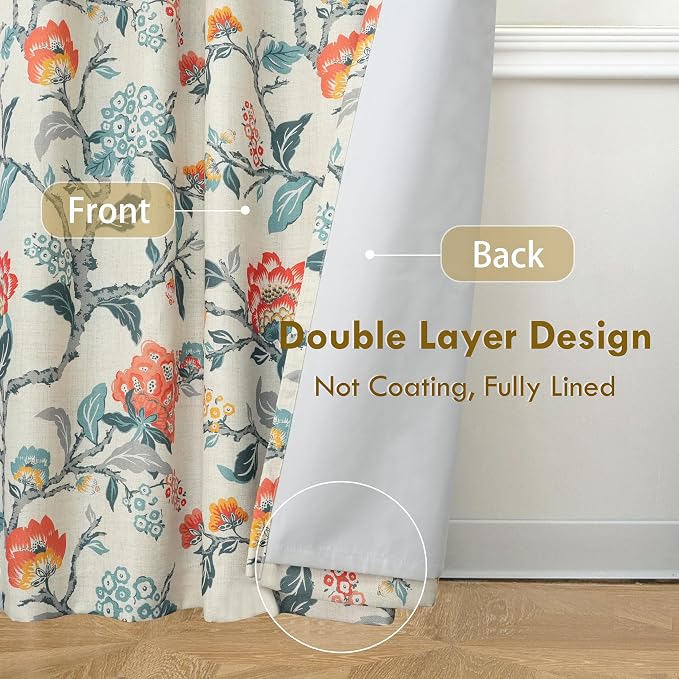DriftAway Ada Floral Botanical Print Flower Leaf Lined Thermal Insulated Room Darkening Blackout Window Curtains 2 Layers Set of 2 Panels Each 52 Inch by 90 Inch Orange Teal Beige Linen