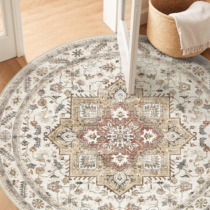 6ft Round Vintage Living Room Area Rug - 6x6 Large Soft Washable Oriental Traditional Distressed Farmhouse Rugs for Bedroom - Indoor Floor Accent Carpet for Home Office House Decor - Golden Taupe