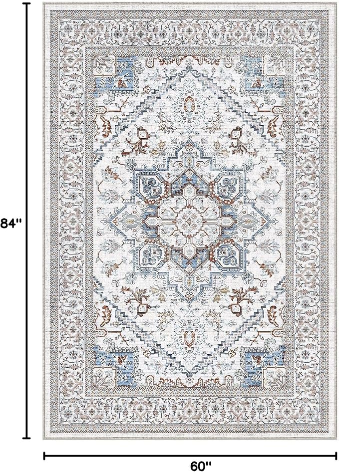 OPPODREAM Soft Neutral Area Rugs 5x7, 5x7 Washable Rug with Non Slip Backing, 5 x 7 Faux Cashmere Low-Pile Carpet, Cream White & Blue & Light Brown