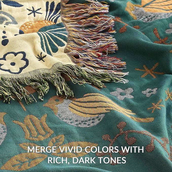 Bailix Boho Throw Blanket for Couch Sofa Bed, 100% Cotton Woven Quilt with Tassel 60”x80”, Super Soft Muslin Blanket with Bird Printed, Decorative Reversible Bed Blanket/Cover for All Seasons