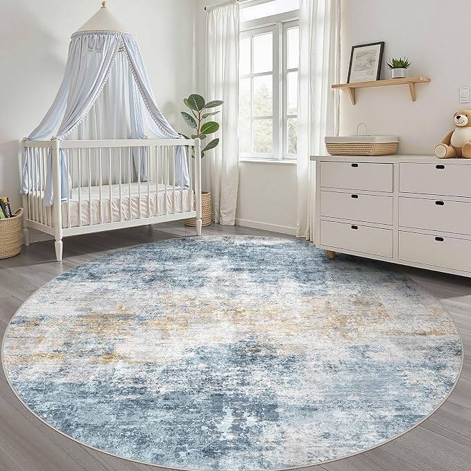 7ft Round Rug Living Room: 7x7 Washable Large Neutral Circle Area Rug Abstract Soft Modern Stain Resistant Indoor Floor Non-Slip Carpet for Bedroom Nursery Kids Office Playroom Dining Room- Blue Gold