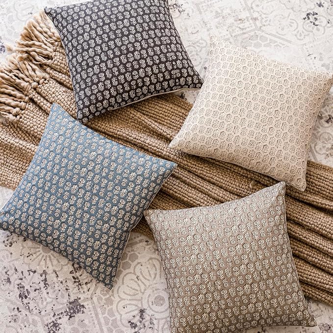 Foindtower Set of 2 Decorative Neutral Floral Print Throw Pillow Covers Vintage Accent Farmhouse Cushion Covers Boho Home Decor for Sofa Chair Couch Bedroom Living Room,18×18 Inch,Dusty Blue