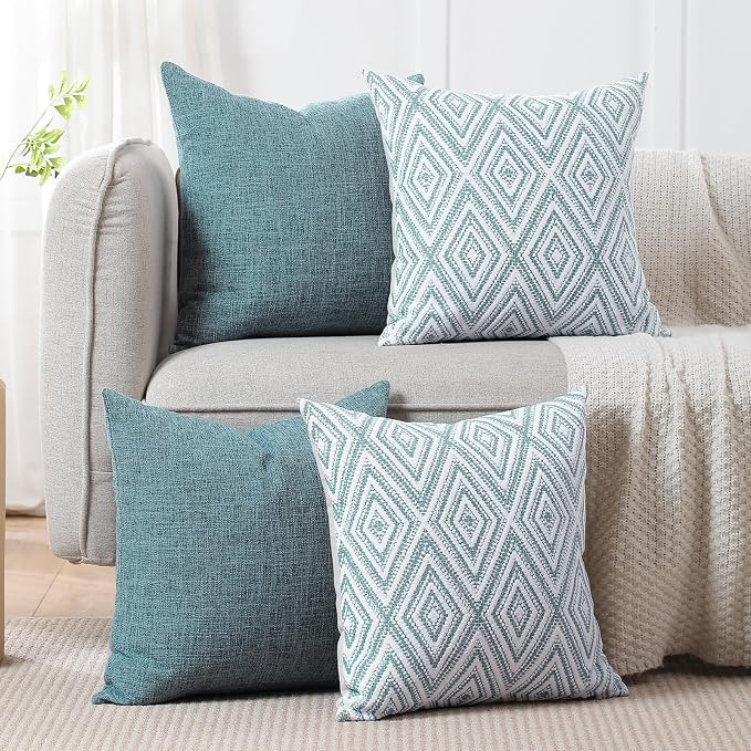 HPUK Throw Pillow Covers 20x20 Inch Set of 4, Blue Linen Decorative Pillow Covers, Accent Cushion Covers for Couch Sofa Bed Bedroom Living Room Décor