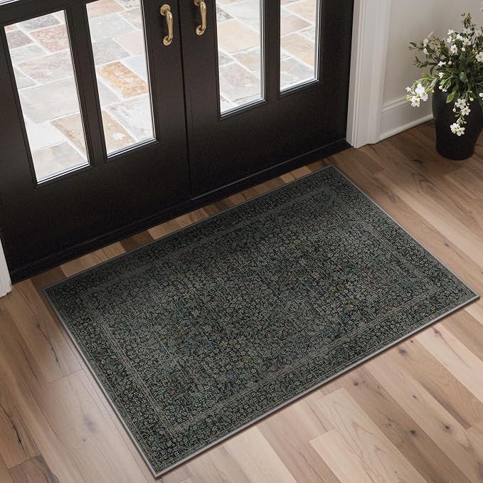 GENIMO 2x3 Washable Kitchen Rug, Non Slip Indoor Door Mat, Charcoal Green | Vintage Boho Floral Low Pile Entryway Mat for Bathroom, Front Door and Laundry Room