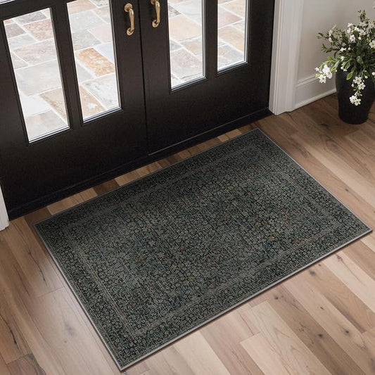 GENIMO 2x3 Washable Kitchen Rug, Non Slip Indoor Door Mat, Charcoal Green | Vintage Boho Floral Low Pile Entryway Mat for Bathroom, Front Door and Laundry Room
